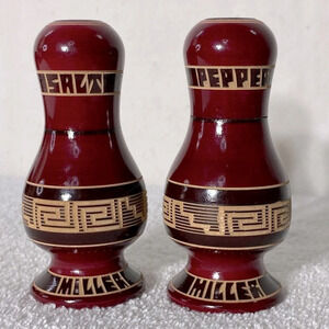 Vintage Burgundy Carved Wood Salt &  Pepper Shakers